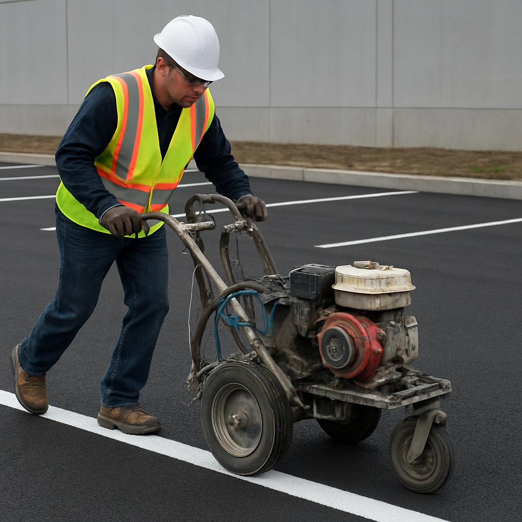 A Parking Lot Painting Services crew member striping crisp white lines on a commercial lot